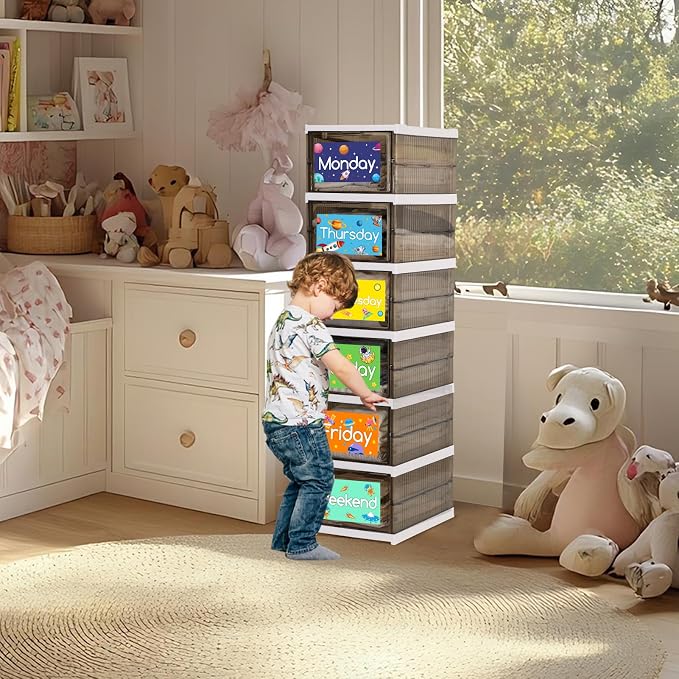 Shelf Daily Weekly Clothes Organizer for Kids Foldable Weekly Hanging Closet Organizer with Door Plastic Closet Storage for Boys and Girls Monday Through Friday Essential Stuff（Grey & White） - Image 6