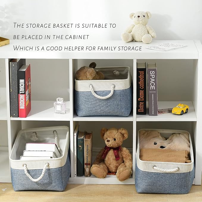 TcaFmac Storage Bins for Organization - Large 3 Pack Canvas Storage Basket for Shelves with Handles, Collapsible Baskets for Organizing for Closet Dog Laundry (White & Blue16x12x8 inch) - Image 2