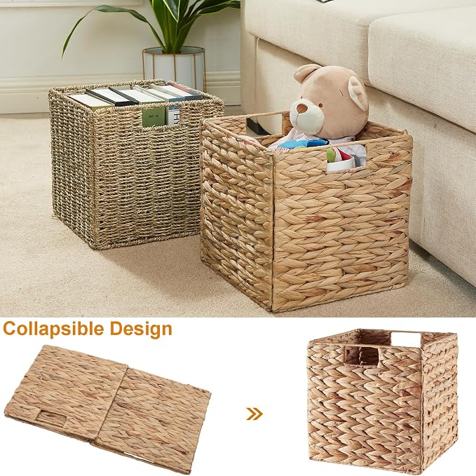Wicker Storage Basket, Set of 2 Seagrass Storage Baskets, 13 Inch Foldable Wicker Basket Square Cube Storage Bins Storage Baskets for Organizing Shelf Baskets, 13''x13''x13'' - Image 6
