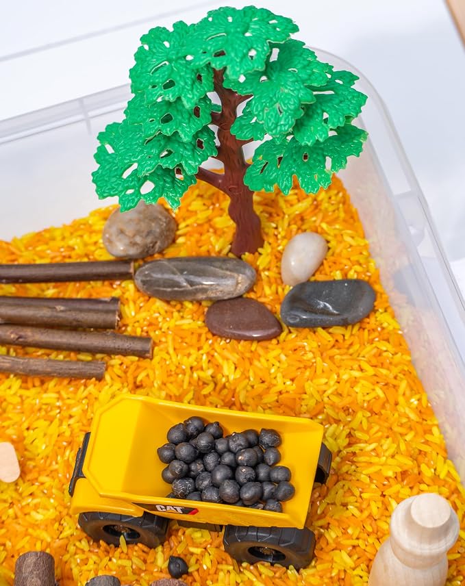 Construction Sensory Bin Kit for Kids | Taste-Safe Rice, Realistic Rocks & Logs, Wooden Tools & Vehicles – Includes Storage Bin – Montessori-Inspired Sensory Play - Image 8
