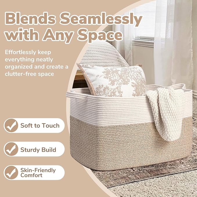 Goodpick 85L Large Woven Rope Blanket Basket, White & Light Brown | 23.6'' x 15.7'' x 13.8'' Storage Basket for Blankets, Toys & Clothes, Nursery & Bedroom Organization, Reinforced Handles - Image 5