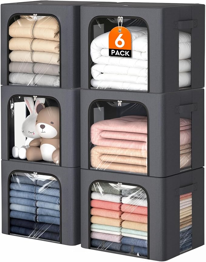 6 Pack Clothes Storage Bins with Metal Frame,40L Storage Bags Fabric Box Organizer with Clear Window,Zippers,Sturdy Handles(6 Pcs,Light Grey,40L) by EpicTotes
