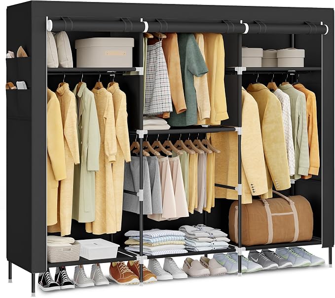 SONGMICS Portable Closet, Fabric Wardrobe, Clothes Rack with Shelves, Pockets, Large Capacity, 4 Hanging Rods, 74.4 x 17.7 x 70.9 Inches, Black URYG011BZ02 by Unknown