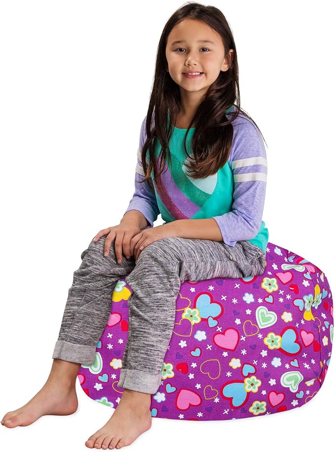 Posh Creations Stuffable Kids Stuffed Animal Storage Bean Bag Chair Cover - Childrens Toy Organizer, Medium-27 - Canvas Multi-Colored Hearts on Purple - Image 3