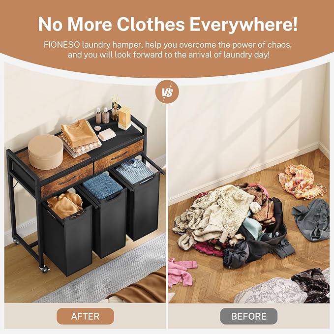 Laundry Sorter 3 Section, 120 L Laundry Hamper with 2 Drawers & 2-tone Top Panel, Rolling Laundry Basket Organizer with Pull-Out Removable Oxford Fabric Bags for Laundry Room Organization - Image 7