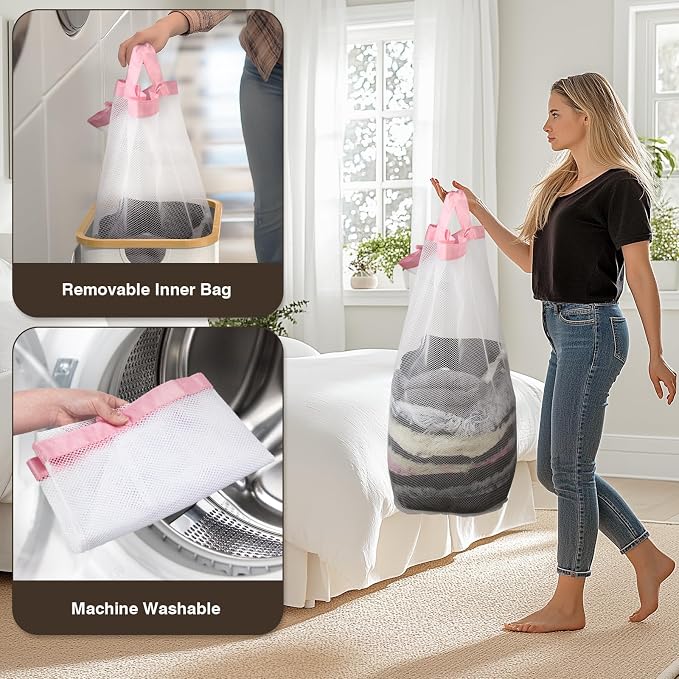 Laundry Hamper with Lid, Laundry Basket with Removable Bag, Pink | 100L Large Dirty Clothes Hamper with Handle, Freestanding Bamboo Laundry Hamper for Bedroom, Bathroom, Laundry Room - Image 5