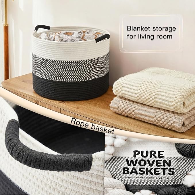 Artfeel 70L Large Cotton Rope Basket, Decorative Woven Blanket Storage for Living Room, Boho Toy Storage & Toy Box for Kids, Versatile Laundry Basket & Nursery Hamper for Blankets(Black) - Image 5