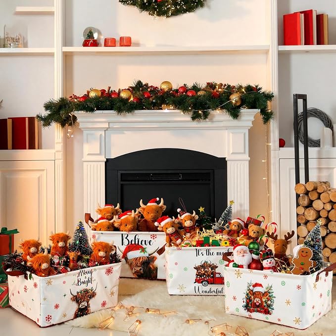 CHENGU 6 Pack Christmas Storage Basket Collapsible Christmas Basket for Gifts Highland Cow Holiday Decor Large Red Truck Bin Foldable Xmas Tree Box with Handle for Bedroom Office Home - Image 4