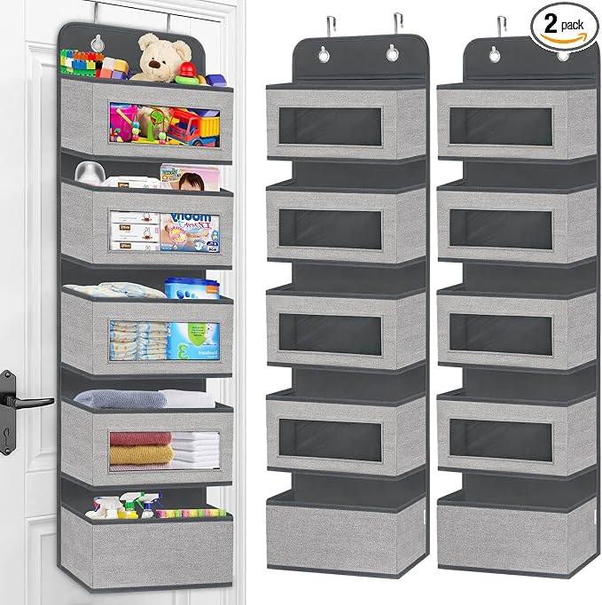 2 Pack Over the Door Hanging Organizer with 5 Large Pocket and Clear Window, Sturdy Over the Door Storage Organizer for Closet, Pantry, Bathroom,Bedroom, Nursery, Dorm (Grey) by homyfort