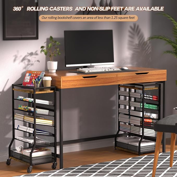 ThreeHio 7 Tier Rolling File Cart with Sliding Trays, Wood Metal File Organizer Beside Desk, Free-Standing File Holder, Paper Letter Tray Organizer Mesh Desk Organizer for Home Office School (Patent) - Image 3