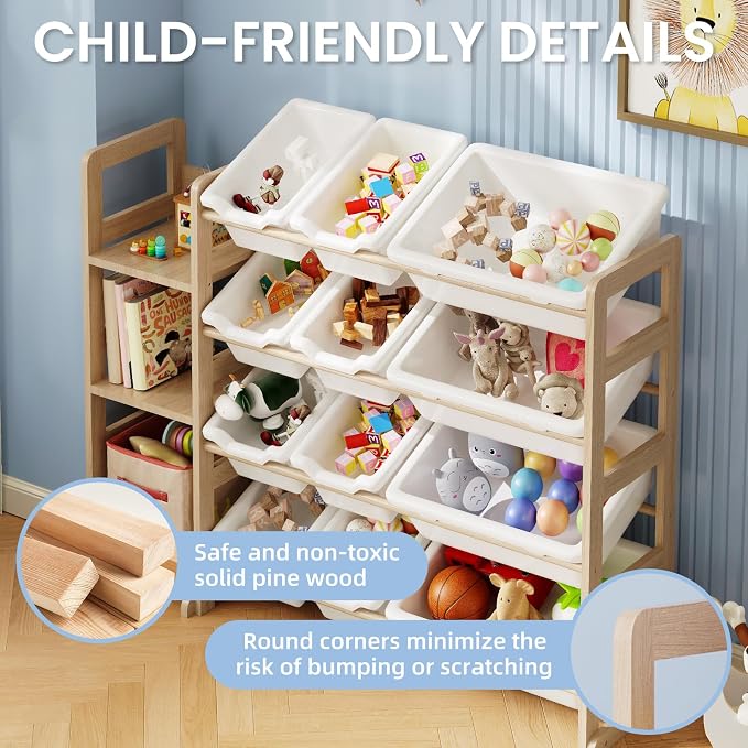 Toy Storage Organizer - Toy Organizers and Storage with Bookshelf, Toy Storage Shelf with 3 Shelves and 12 Storage Bins, Kids Bookshelf and Toy Storage for Kids Room, Playroom, Bedroom, Nursery, White - Image 5