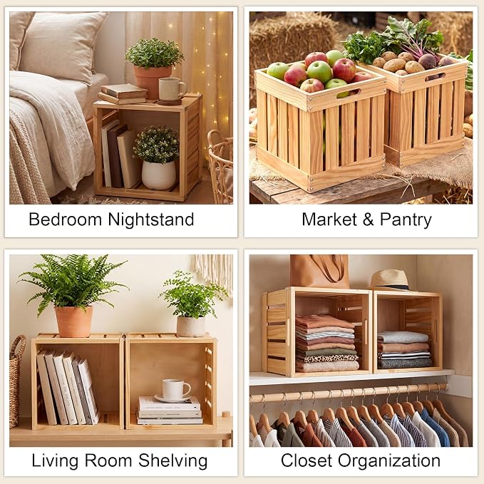2 Pack Wood Crates Large Wooden Storage Cubes with Handles Rustic Handmade Baskets Farmhouse Decorative Cubes Boxes Containers Organizing Bins for Display Toy Clothes Book, 11 x 11 x 11 Inch - Image 5