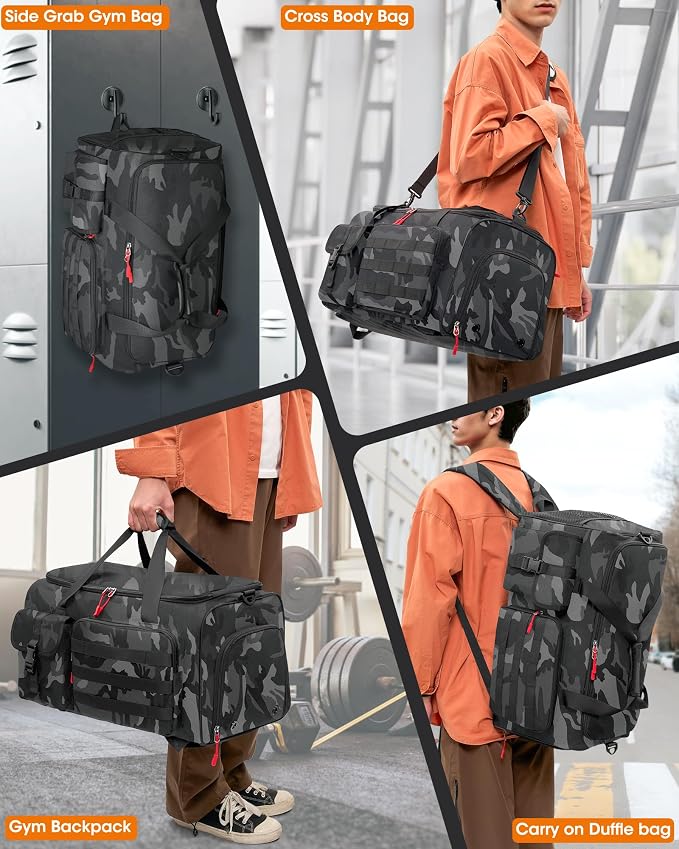 RAINSMORE Gym Bag for Men, 45L Sports Travel Duffel Bag with Shoe & Laptop Compartment, Gym Workout Backpack Carry On Weekender Bag Overnight Backpack for Travel, Black Camo - Image 6