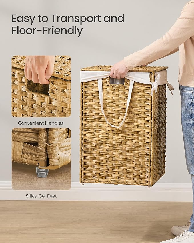 SONGMICS Laundry Hamper with Lid, 42.3 Gallon (160 L) Synthetic Rattan Clothes Laundry Basket with Lid and Handles, Foldable, Removable Liner, Goose Yellow ULCB216Y01 - Image 4