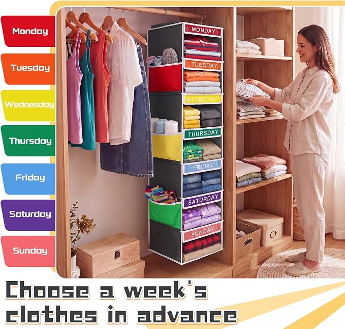 2 Pcs 7 Shelf Weekly Clothes Organizer for Kids Hanging Closet Organizer 11. 8 x 11. 8 x 50 Inch Daily Activity Kids Clothes Storage Drawers Cube Drawers Closet Hanging Shelves (Grey) - Image 7