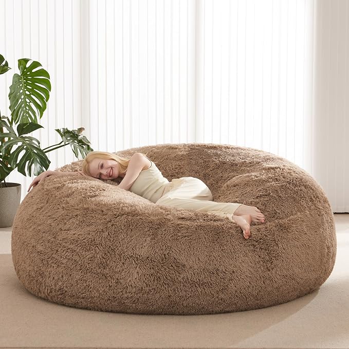 Fluffy Bean Bag for Stuffed Animals Storage, Faux Fur Washable Bean Bag Chair Cover(No Filler) for Textile Plush Toys, Beanbag Chair Cover for Adults Kids Teens, 5FT, Khaki by ODreamyDogs