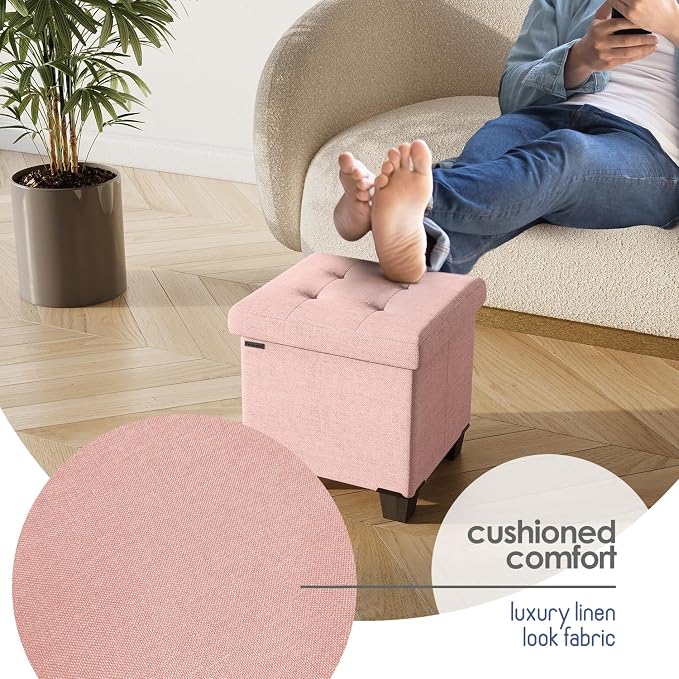 Storage Ottoman Cube with Small Bin, 15-in Square Ottoman with Storage for Living Room and Bedroom, Small Ottomans Foot Rest, Fabric Foot Stools Ottomans Max 330lbs, Pink - Image 8