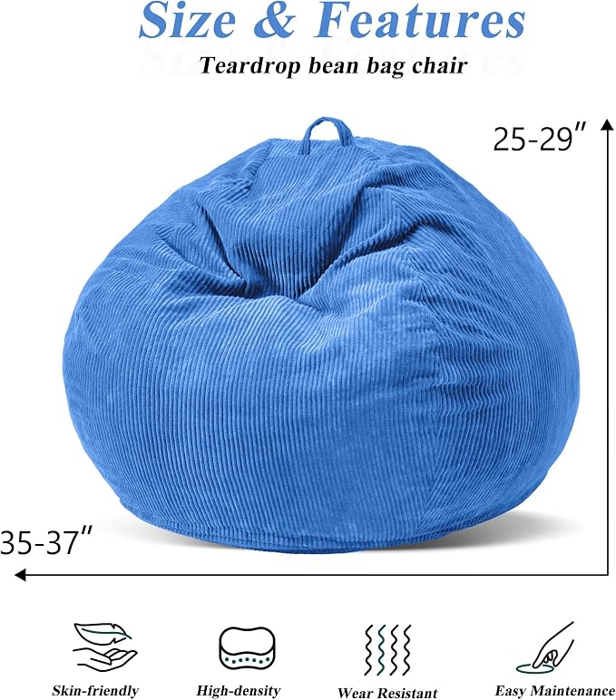 3FT Bean Bag Chair for Adults,3' Big Teardrop Beanbag with Filler | Beanbag Chair with Memory Foam Filled,Bean Bags with Handy Handle&Machine Washable Cover for Living Room,Bedroom-Blue - Image 2