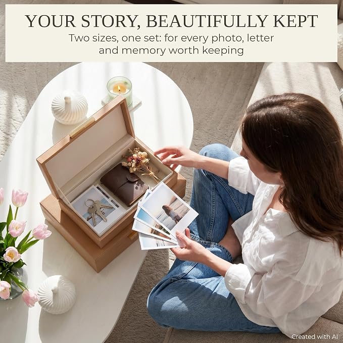 Decorative Storage Boxes with Lids - Set of 2 PU Leather Organizer Bins | Beautiful Bins for Your Bookshelf Home Decor - Safely Store Photos, Documents and Memory Box Keepsakes in Style - Image 8