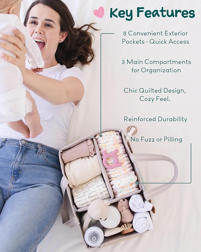Quilted Diaper Caddy Organizer with Matching Changing Pad - Soft Sand - Image 4
