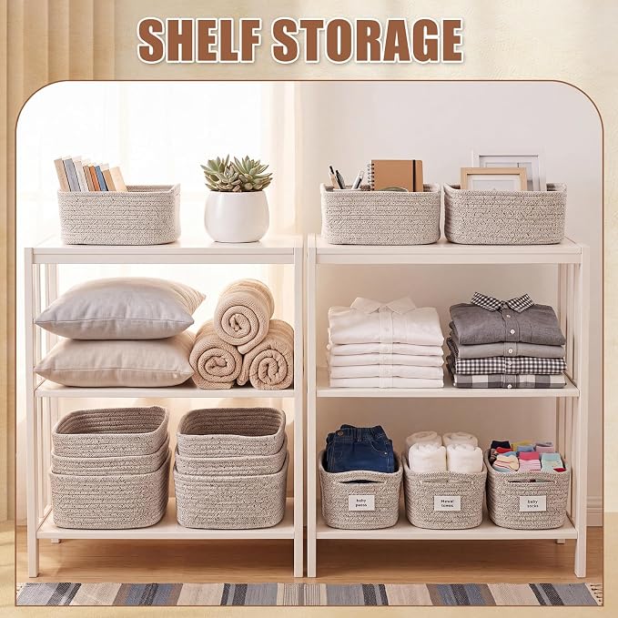 12 Pack Small Storage Basket Cute Natural Cotton Rope Woven Basket Tiny Boho Decorative Toy Storage Bin Gift Baskets for Home Organizing, Closet, Shelf, Nursery, Bathroom(Rectangle,Oatmeal) - Image 5