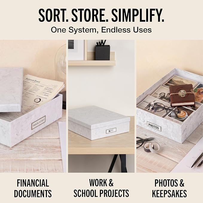 Bigso Oskar Fiberboard Label Frame Document Letter Box for Important Paperwork A4 or Letter Size - Durable Keepsake Box with Lid and Metal Label Holder - 3.3in x 10.2in x 13.8in - Marble - Image 6