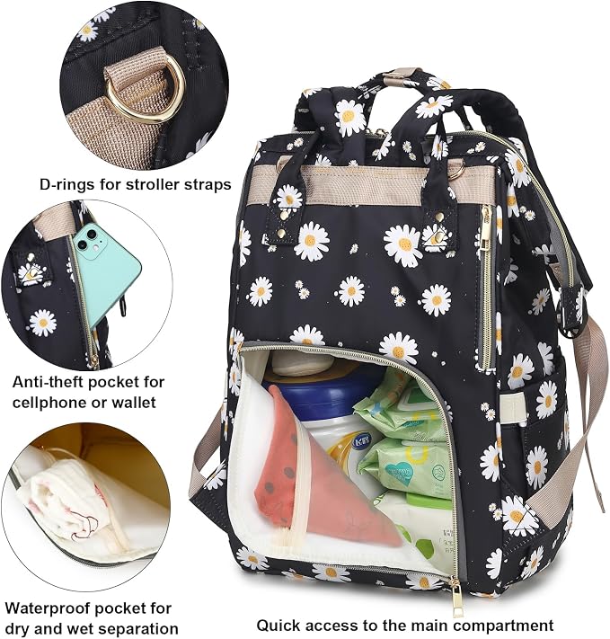 Daisy Baby Diaper Bag Backpack for Girls Boys, Waterproof Large Maternity Nappy Bags for Mom (Black) - Image 3