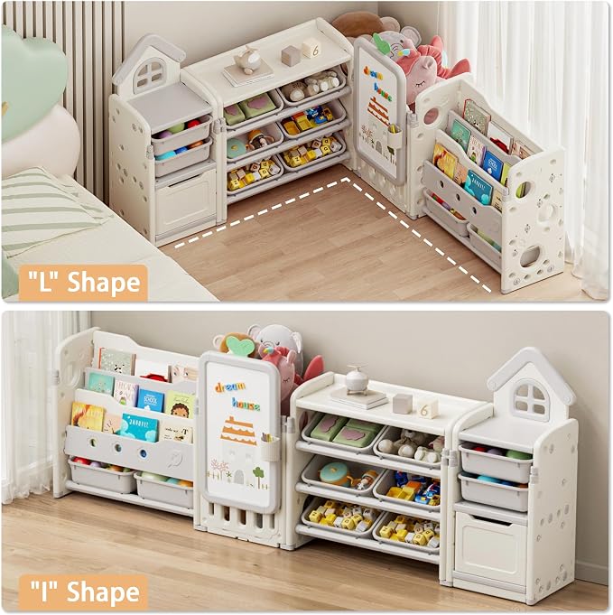 Kids Toy Storage Organizer with 10 Removable Bins, Foldable Toy Organizers and Storage with 3-Tier Bookshelf for Kids Toy Storage Organizer with Drawing Board, Extra 3 Brushes (4 In 1 Off-white) - Image 8