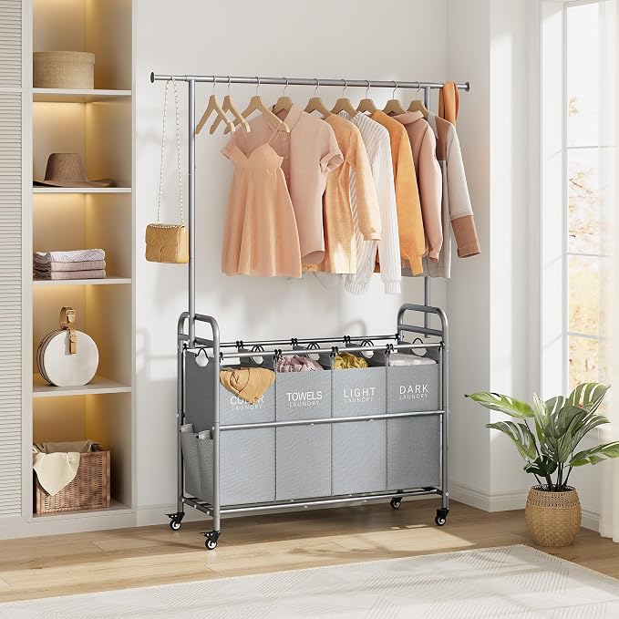 Laundry Sorter 4 Section, Laundry Basket with Hanging Rack, Gray | 196L Laundry Hamper with Hanging Rack and Heavy Duty Lockable Wheels, Rolling Laundry Cart for Bathroom, Bedroom, Home - Image 8