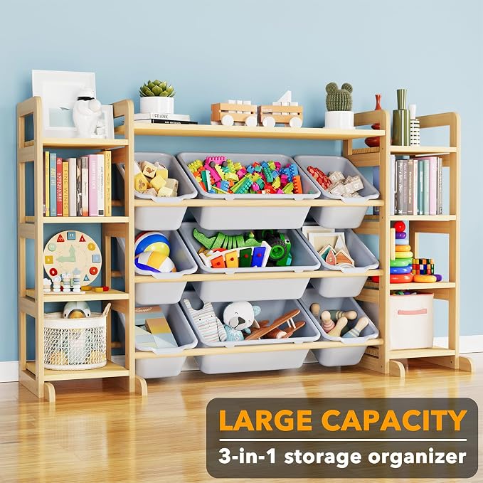 SpaceAid Large Toy Storage Organizer 9 Shelves 9 Bins, Toy Organizers Storage Bookshelf, Kids Bin Shelf Toys Box Bookcase for Bedroom Playroom Organization Room Decor, Neutral Gray - Image 3