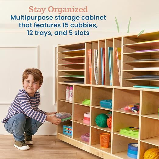 ECR4Kids Multi-Section Mobile Tray Cabinet with Cubby Storage Compartments, Kids Furniture, Natural, 48"D x 13"W x 36"H - Image 4