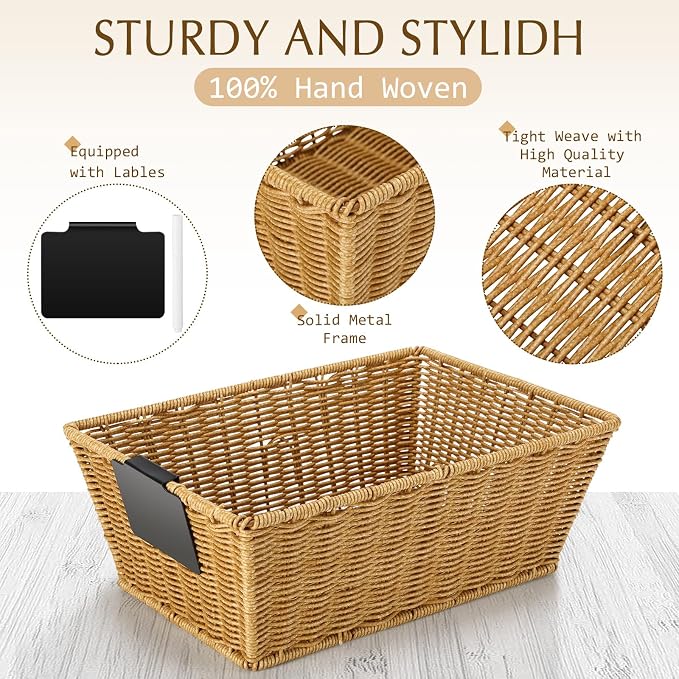 Marsui 6 Pcs Wicker Storage Baskets for Pantry Organization with Labels Handwoven Multi-size Natural Wicker Storage Bins for Organizing Small Baskets Container for Shelves Closet Toilet - Image 3