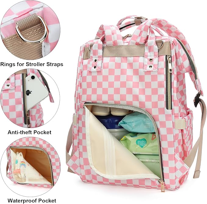 Checkered Pink Baby Diaper Bag Backpack for Women, Large Capacity Waterproof Maternity Travel Nappy Backpacks with Stroller Straps - Image 3