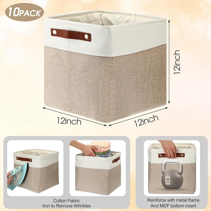 Uiifan 10 Pcs Collapsible Storage Bins Fabric Foldable Storage Basket with Handles Cloth Organizer Linen Shelf Baskets for Shelves Home Closet Nursery Toys(12 x 12 x 12 Inch,Beige and White) - Image 3