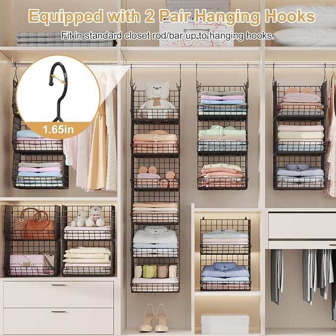 6 Tier Closet Hanging Organizer, Clothes Hanging Shelves with 4 Hanging Hooks 5 S Hooks, Wire Storage Basket Bins, for Clothing Sweaters Shoes Handbags Clutches Accessories Patent Design-Black - Image 6
