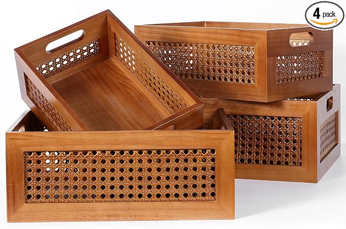 Rattan Wooden Box Set of 4 Handmade Decorative Storage Basket with Handles | Natural Bamboo Woven Storage Basket Rustic Farmhouse Decor Home Office Tabletop Shelf Drawer Closet Desk Organizer, Brown by LaMor%C3%A9e