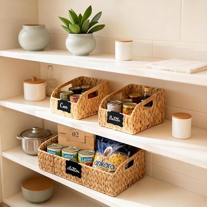 Wicker Baskets for Organizing, Pantry Baskets with Built-in Handles, Handwoven Labeled Wicker Storage Basket, Water Hyacinth Storage Bins for Shelves, 3 Pack, Natural - 2 Set - Image 8