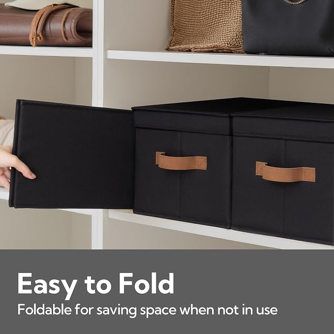 StorageWorks Fabric Storage Bins with Lids, Closet Storage Bins | Lidded Dust-proof, Easy Pull Handles, Foldable, Stackable, Ideal for Clothes Blanket Towel, Large, Black, 3-Pack - Image 4