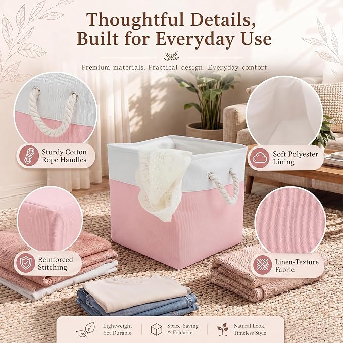 6 Pack Pastel Foldable Storage Bins , 11 Inch Cube Fabric Storage Baskets | Foldable Fabric Cube Baskets with Reinforced Handles,pastel baskets for Classroom, Shelves, Closets, Room Organization - Image 3