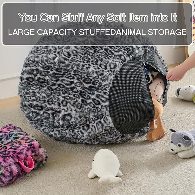 Fluffy Faux Rabbit Fur Bean Bag Chair Cover(No Filler),Cozy Shaggy Bubble Stuffed Animal Storage Large Bean Bag Cover for Bedroom Living Room,Fuzzy Bean Bag Cover Girls Teens Adult,Snow Leopard - Image 4