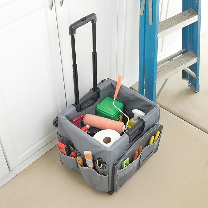 Folding Mobile Utility Cart, Canvas Organizer Bag, Dark Grey/Grey | Durable plastic, 30 compartments, adjustable handle, 40 lb capacity, collapses to 3" thick, rolling wheels for easy transport - Image 9