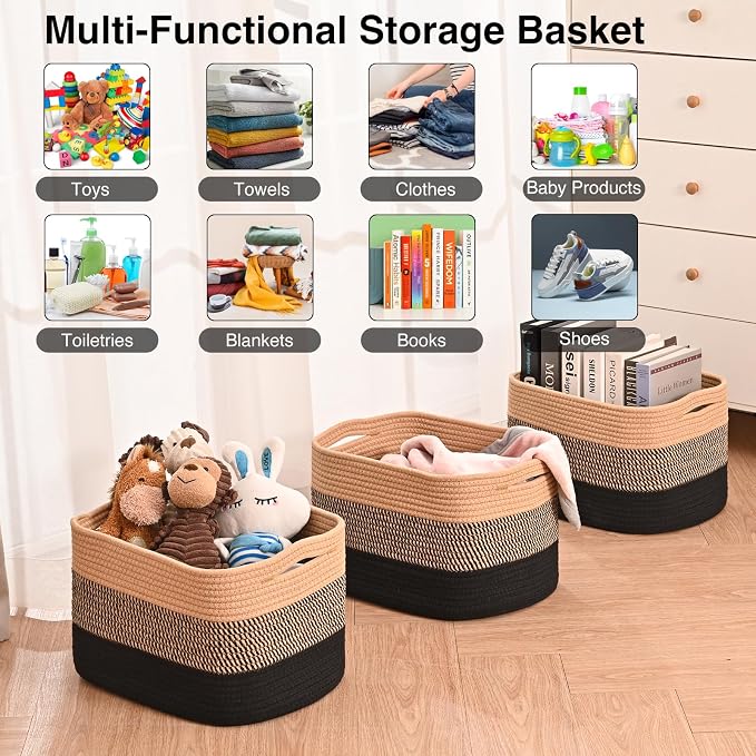ICERZCZ Storage Baskets for Organizing Shelves, Decorative Baskets for Storage, Woven Cotton Rope Basket for Living Room Bedroom Nursery, 15"x11"x9.5", 3 Packs, Gradient Black & Jute - Image 4