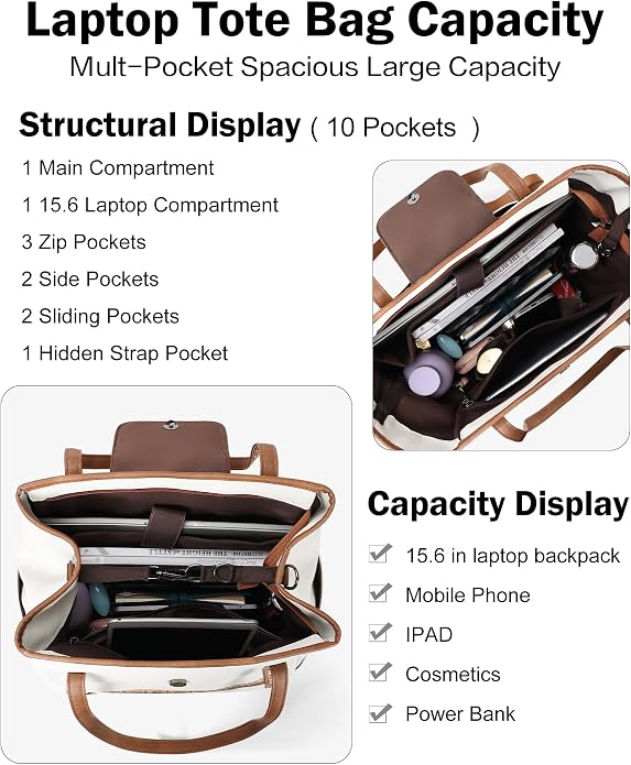 Large Laptop Tote Bag for Women Designer Leather Laptop Bag, 15.6in | Fashion Travel Backpack Purse Shoulder Handbag Fits 15.6 Laptop, Daily, Work, Business Trip, Weekend Travel, Teacher - Image 3