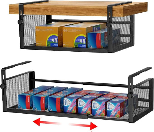 AmonHouseware 2Pack Expandable Under Shelf Storage Basket Organizer,Black | Adjustable Hanging,Length Stretchable14.9-22.6Inch,Under Cabinet Shelf for Laundry Room Kitchen Pantry Desk Counter Cupboard by AmonHouseware