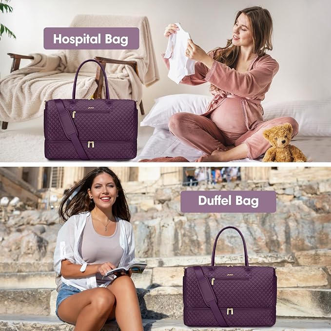 Travel Duffle Weekender Bags for Women - Carry on Overnight with Shoe Compartment Duffle Bag Hospital Bag Dark Purple - Image 9