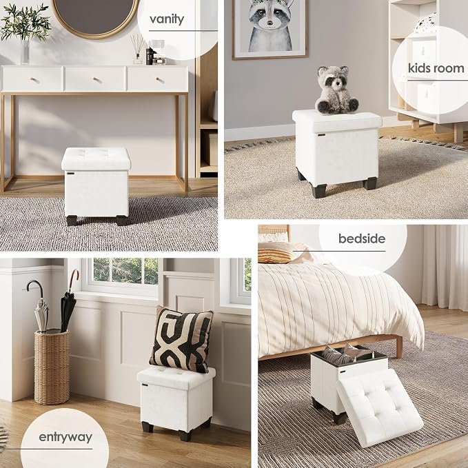Storage Ottoman Cube with Small Bin, 15-in Square Ottoman with Storage for Living Room and Bedroom, Small Ottomans Foot Rest, Velvet Foot Stools Ottomans Max 330lbs, Cream - Image 5