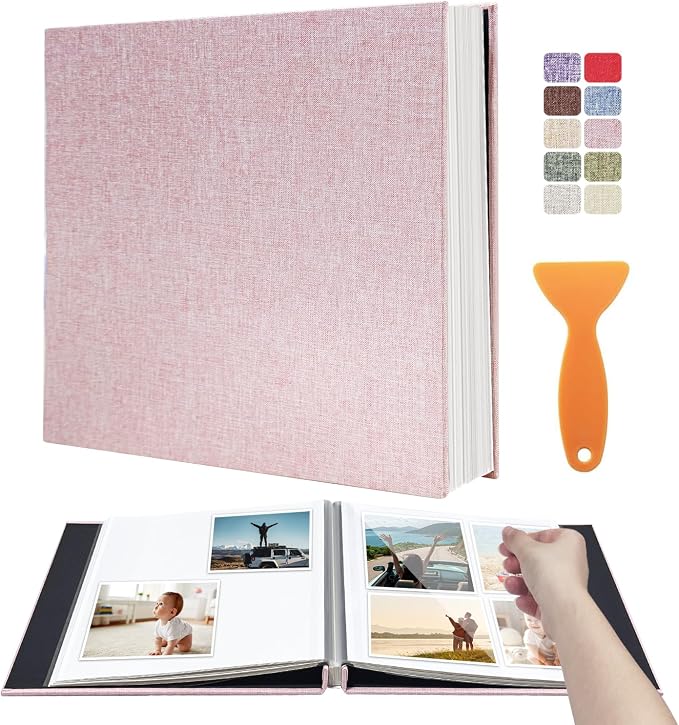 Photo Album Scrapbook – Holds 4x6, 5x7 & 8x10 Pictures – Self-Adhesive Pages for Baby, Wedding, Travel & Family Memories | Includes Metallic Pen & Scraper/Light Pink Large DIY Memory Book for Gifts by HoneyTolly