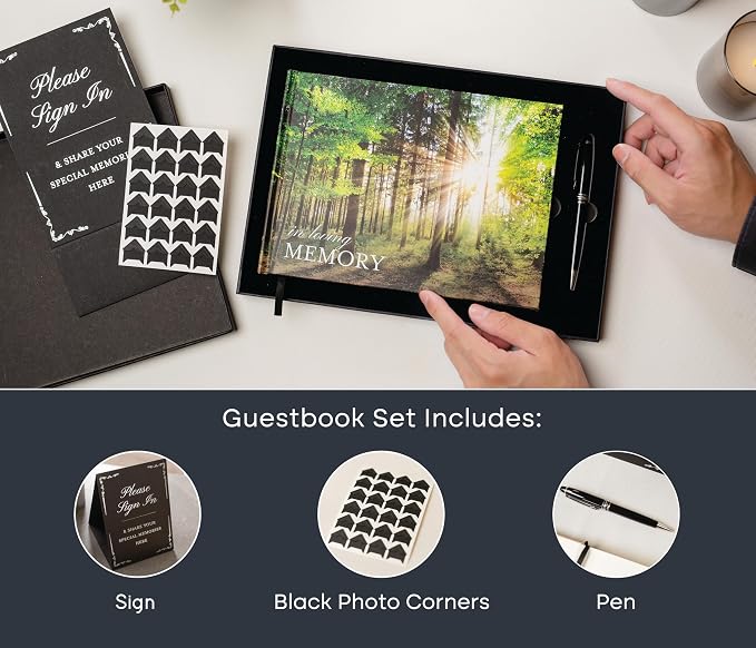 Forest Hardcover Funeral Guest Book - 9.5 x 7 Celebration of Life Guestbook for Memorial Service with 5x7 Paper Sign, Pen, Black Photo Corner Stickers - Image 4