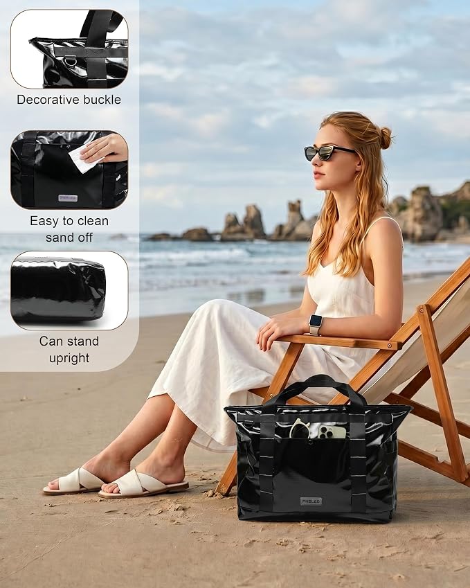FHELAD Extra Large Glossy Tote Bag for Women, Beach Shoulder Bag 25L | Waterproof Sandproof, 15.6" Laptop Compartment, Luggage Strap, Work, Travel - Image 4