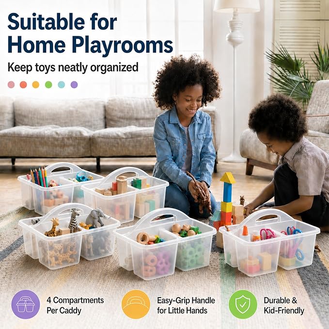 6 Pack Assorted Colors Classrooms Caddy 4 Compartment Classroom Caddy Compartment Caddies Set Table Caddies Classrooms with Handle for Classroom Organization Table Desk Office Supplies(clear) - Image 5